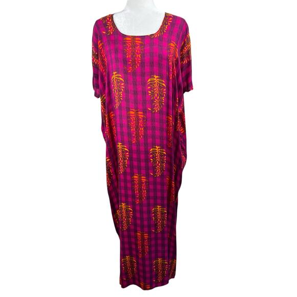 Pink Black Checkered Gold Leaf Semi-Sheer Summer Cover Up Kaftan Maxi Dress XS - Picture 1 of 14